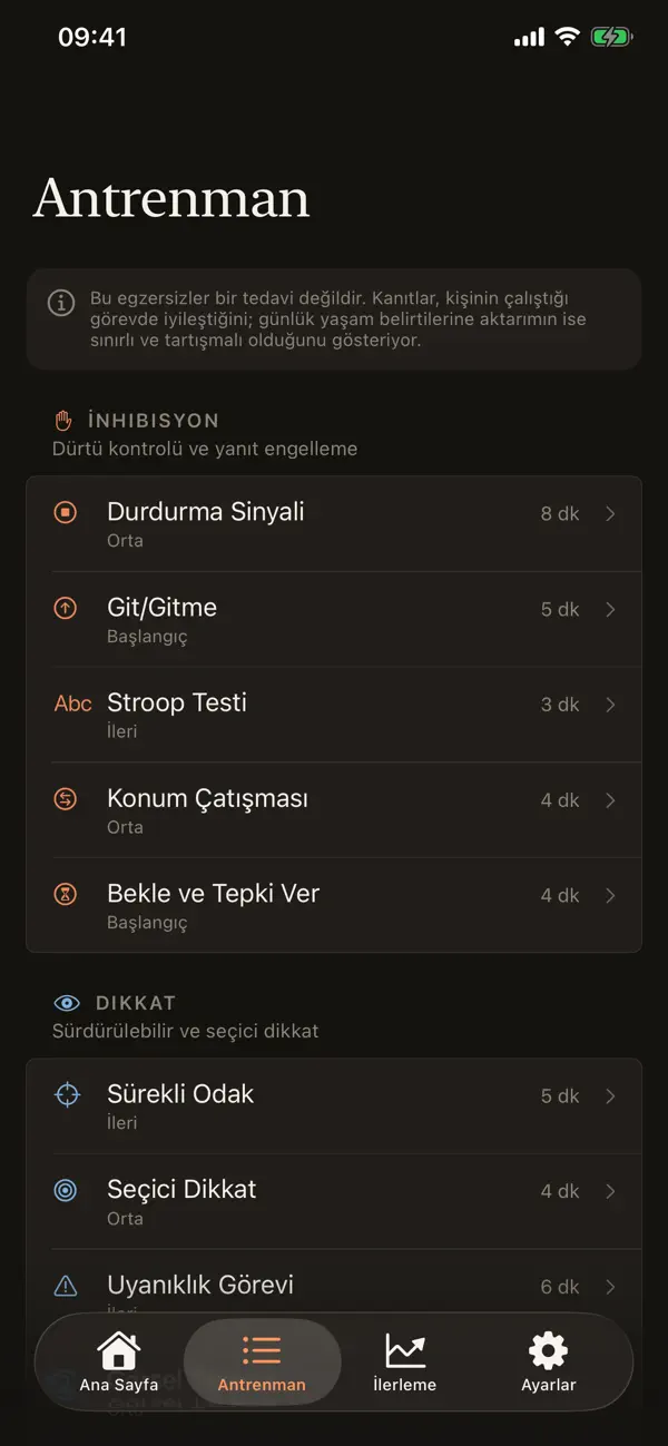 AdultFocus uygulamasının inhibisyon görevlerini gösteren antrenman ekranı