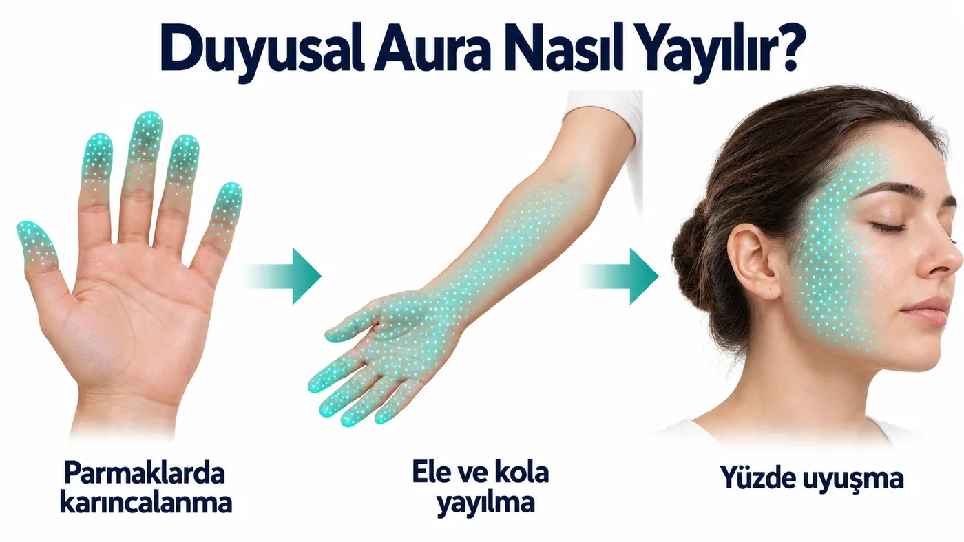 Duyusal aura: parmaklarda başlayan karıncalanmanın ele, kola ve yüze yayılması