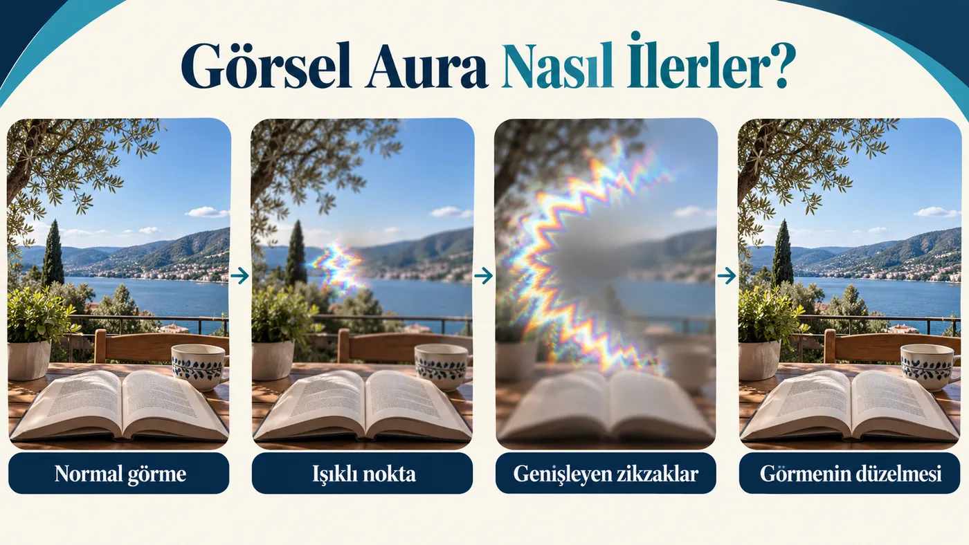 Görsel auranın evreleri: normal görme, ışıklı nokta, genişleyen zikzaklar ve görmenin düzelmesi