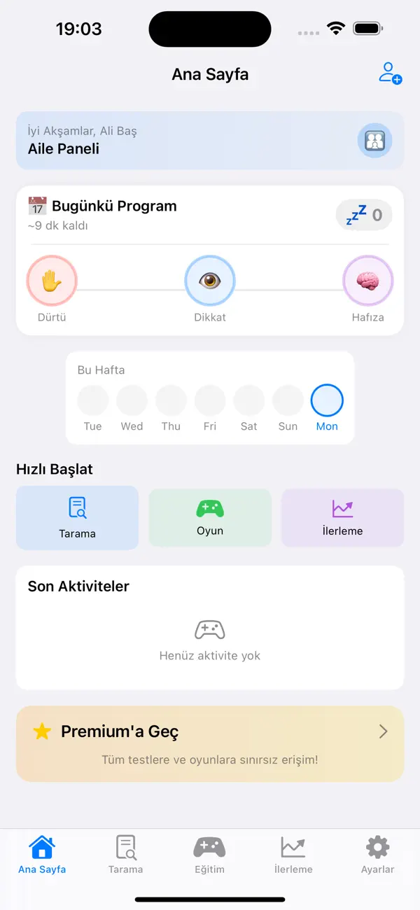 KidFocus uygulamasında aile paneli ve günlük programı gösteren ana sayfa