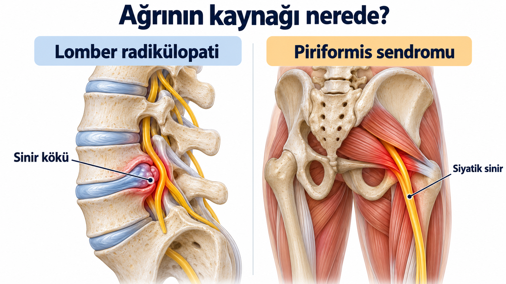 Ağrının kaynağı: solda lomber radikülopatide disk hernisinin sinir köküne basısı, sağda piriformis sendromunda siyatik sinirin kalçadaki seyri